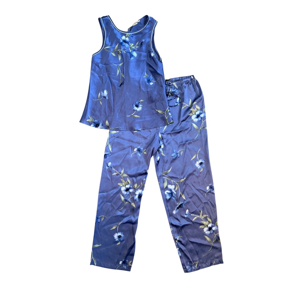 Jones New York Blue Floral Satin Pajama Set Sleeveless Tank and Pants Small